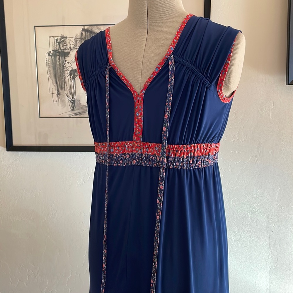Vintage GODDESS DRESS 1970s Maxi blue & reds L - Picture 4 of 13